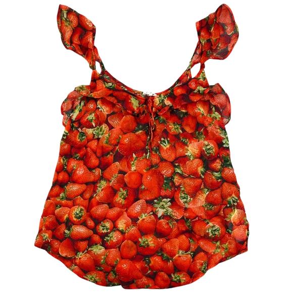 Anthropologie Strawberry Novelty Print Ruffle Tank Top - Picture 2 of 6